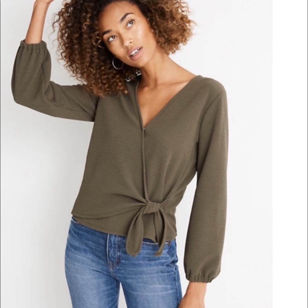 Texture & thread wrap tie blouse w/ bell sleeve